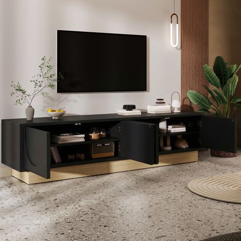 Mobile TV in MDF nero con base effetto legno, 175x40x41,5 cm, 4 ante push-to-open e vano contenitore (1/5)