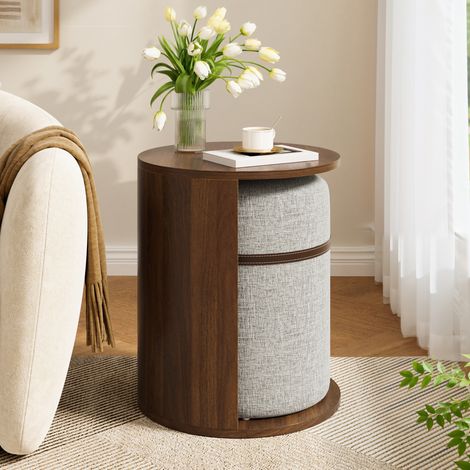 Tavolino laterale con sgabello 58.5x44.5x44.5 cm, salvaspazio, multifunzione, MDF e pino, noce (1/5)