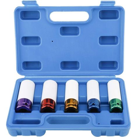 Set di 5 bussole a impatto per cerchi in lega metrici a parete sottile, misure 15, 17, 19, 21, 22 mm