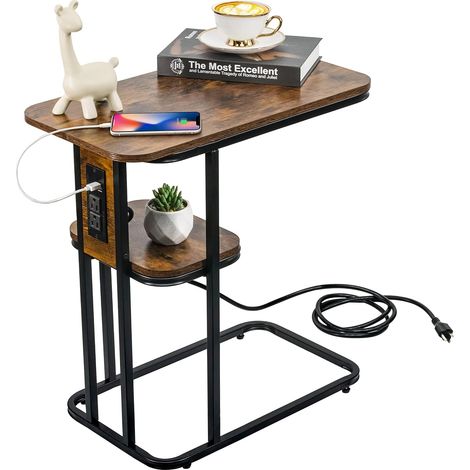 Table D'appoint en Forme de C avec Station de Charge, Table D'extrémité de Canapé avec Ports USB et Prises de Courant,Assemblage Facile, Marron (1/5)