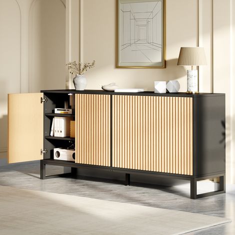Meuble à chaussures 160 x 40 x 75 cm, armoire de rangement, 4 portes, étagères réglables, façades texturées, panneaux de particules, noir (1/5)