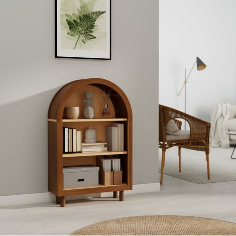 MODFU – Librería de 3 niveles 60x24x95 cm de madera ingenierizada con parte superior redondeada, acabado bicolor, carga 10 kg por estante y patas de madera maciza – Nogal (1/5)