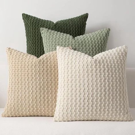 Ensemble de 4 housses de coussin – 45 x 45 cm – en velours côtelé – rayures double face – style bohème – blanc, beige, vert clair et vert olive – fermeture éclair invisible – neutre pour canapé et cha (1/5)