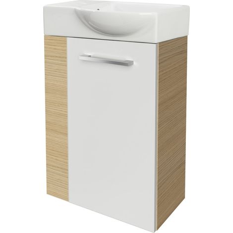 Fackelmann B. STYLE SBC Gäste-WC Set 2 Teile – Waschtischunterschrank in Weiß mit Holz Braun mit Waschbecken aus Keramik – Waschbeckenunterschrank– Türanschlag rechts – Hahnloch links – 45 cm breit"-" (1/4)