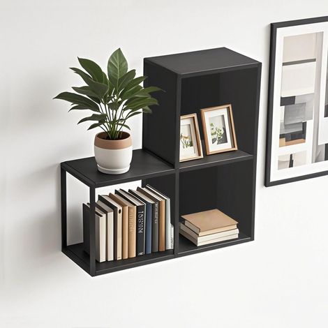 Wandregal Nostened 3er Set mit Rück- und Seitenwand Schwarz [en.casa]