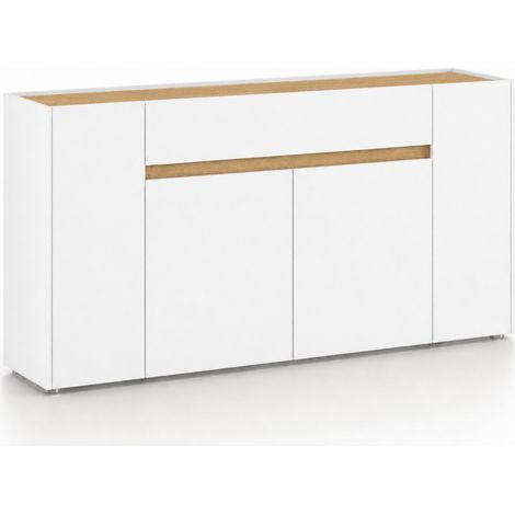 Credenza Design Moderno Con 4 Ante E 1 Cassetto Mobile In Melaminico Per Sala Da Pranzo E Zona Living Senza Maniglie 170 X 85 X 40 Cm Bianco E Rovere (1/5)