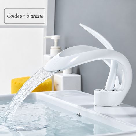 Mitigeur Lavabo Salle de Bain Monotrou cascade blanc modèle bas Cœur d'ange avec tuyaux d'arrivée d'eau – Livraison gratuite
