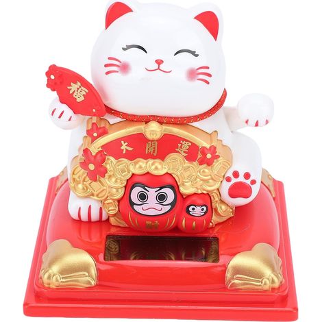 Solar-Powered Wavy Lucky Cat Statue with Waving Arms and Smiling Design, for Home, Car, Dashboard, Gift (1/5)