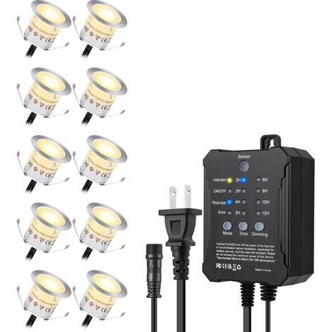 Lot de 10 Spot LED Encastrable Extérieur Minuterie et Capteur Photoélectrique, IP67 Étanche Spots LED Encastrables pour Terrasse Bois Piscine (1/5)