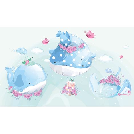 Papier peint panoramique Enfants - Baleines Fleurs - 130 cm x 81 cm (1/2)