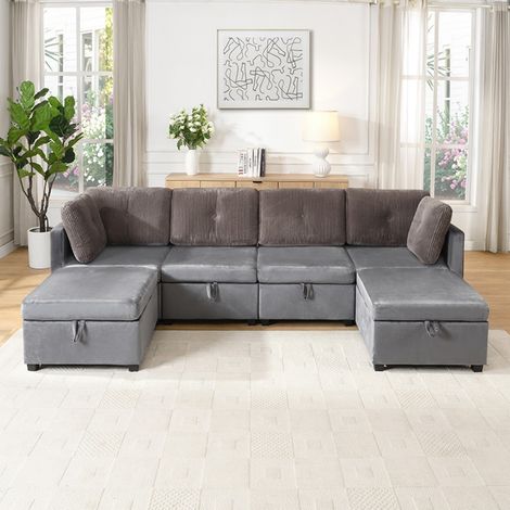 Canapé panoramique en U 6 places - 261x132,5x85 cm - Modulable avec coffres de rangement en velours - Gris antique (1/5)