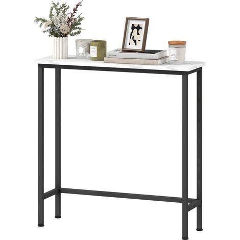 Console d'entrée, bois, acier, noir, blanc, 75x24x76 cm, plateau effet marbre (1/5)