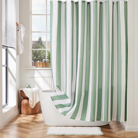 Rideau de douche vertical à rayures, joli rideau de douche rétro classique avec nœud à rayures, tissu en polyester imperméable, rideau de douche moderne pour salle de bain, 183 x 183 cm, vert (1/5)