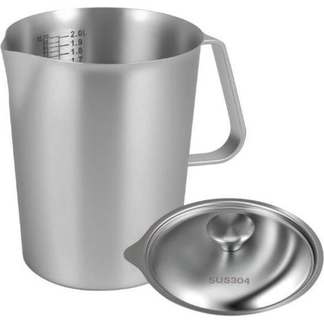 2L stainless steel milk pitcher with measuring cup and lid - perfect for lattes, cappuccinos, juices, and smoothies. (1/5)