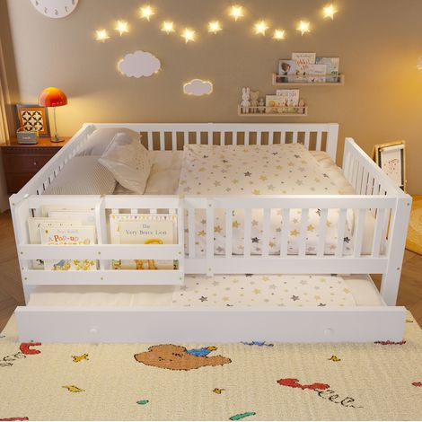 Lit enfant 140x200 cm avec barrière de sécurité et étagère modulable, bois et MDF coloris - blanc (1/5)