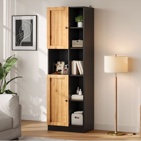 Armoire d'angle de cuisine haute, 6 étagères ouvertes, 2 portes, tablettes réglables, meuble étroit en MDF noir et bois clair, 50 x 35,5 x 170 cm avec anti-basculement – CHICFURN (1/5)
