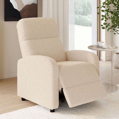 Sillón relax CALEB de tejido bouclé beige con respaldo reclinable y reposapiés