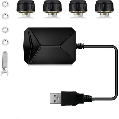 Sistema de monitoreo de presión de neumáticos TPMS USB para navegación Android, sistema de alarma de monitoreo de presión de neumáticos, transmisión inalámbrica con 4 sensores externos. (1/5)