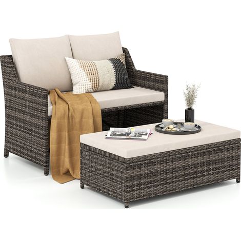 COSTWAY 2-Piece Outdoor Patio Furniture PE Rattan Conversation Set-White (1/5)