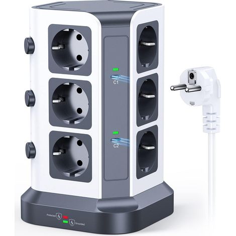 Bloc Multiprise 65W PD, 12 Prises, 2M, Gris Foncé 12 Prises, 2 USB-C PD + 3 USB-A, 3680W/16A, Parafoudre, Câble 2M, Bureau (1/5)