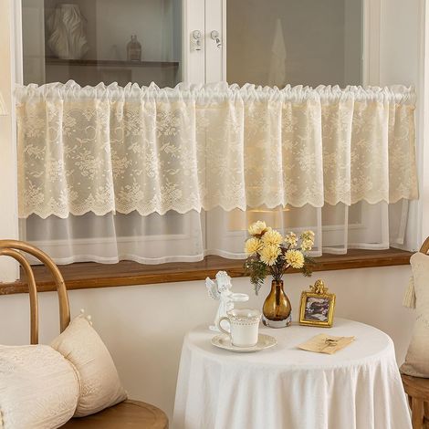 Cortina corta semitransparente color beige para ventanas, cocinas y salas de estar, con encaje vintage, doble capa, 45 cm de alto x 100 cm de ancho, 1 pieza. (1/4)
