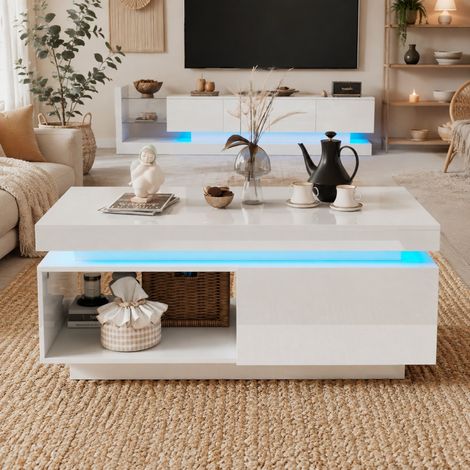 Weiße LED-TV-Möbel mit Couchtisch, glänzende Spanplattenausführung HAVRYA (1/5)
