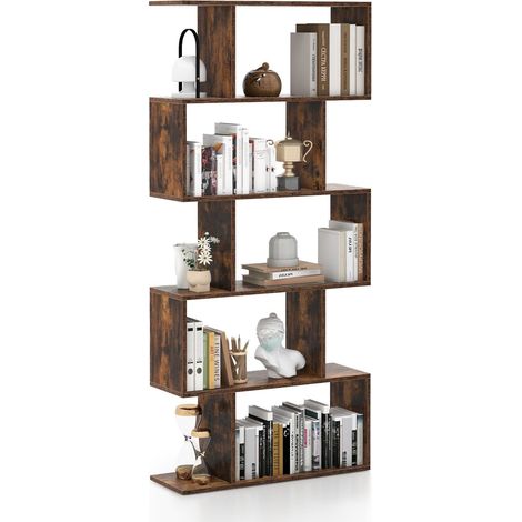 5-tier Bookcase Anti-Toppling S-Shaped Bookshelf Wooden Storage Display Rack (1/5)