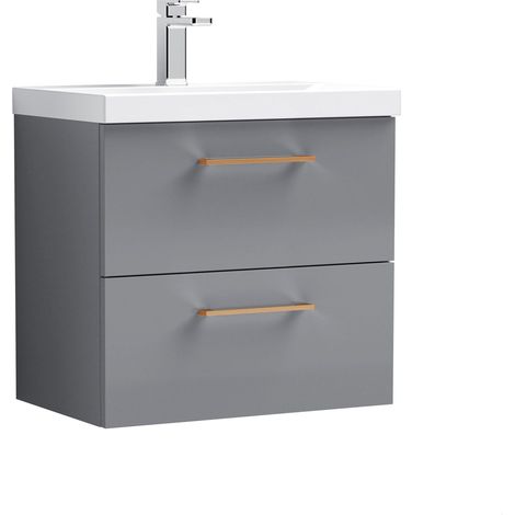 Balterley 600mm Wall Hung Bathroom 2 Drawer Vanity Unit and 1 Tap Hole Ceramic Basin, Satin Grey with Copper Handles