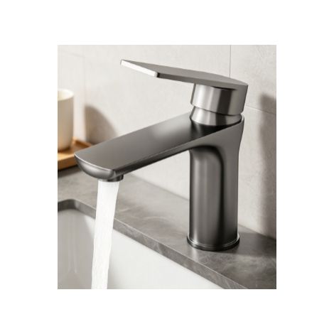 Robinet de lavabo gris canon en acier inoxydable mitigeur eau chaude froide pour salle de bain vasque toilette avec tuyau flexible anti‑explosion 80 cm (1/5)