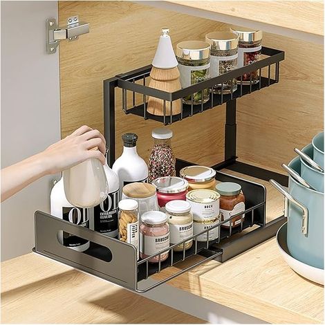 Rangement sous Evier en Fer 2 Niveaux, Coulissant Organiseur sous Évier Etagere Tiroir, Étagère sous Évier pour Cuisine Salle de Bain, Noir (Fer) (1/5)