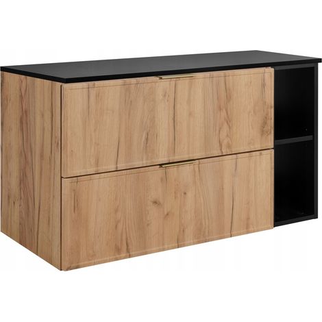 Rodan Waschbeckenunterschrank Slim 80,6 cm, Braun, 46 x 80 x 58,6 cm, wandhängend, dunkelgraue Platte und Ablage, 3 Grifffarben inklusive