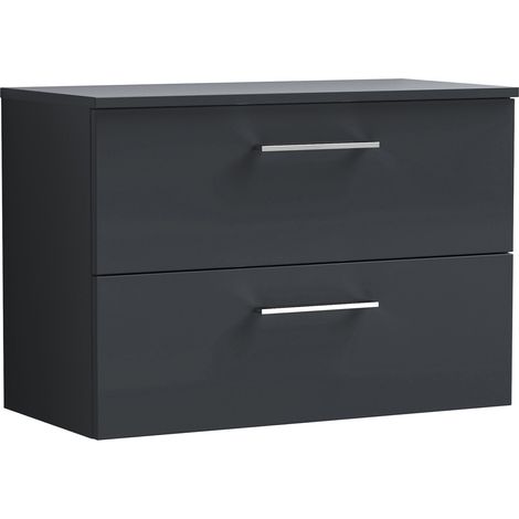 Nuie Arno Satin Soft Black 800mm Wall Hung 2 Drawer Vanity Unit with Worktop - ARN1426W (1/2)