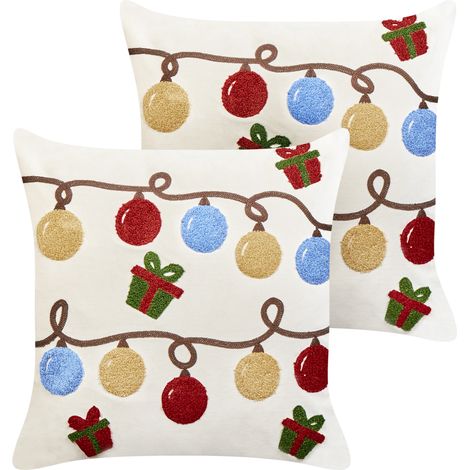 Conjunto de 2 cojines decorativos de tela de terciopelo con motivo navideño blanco 45 x 45 cm Palmier