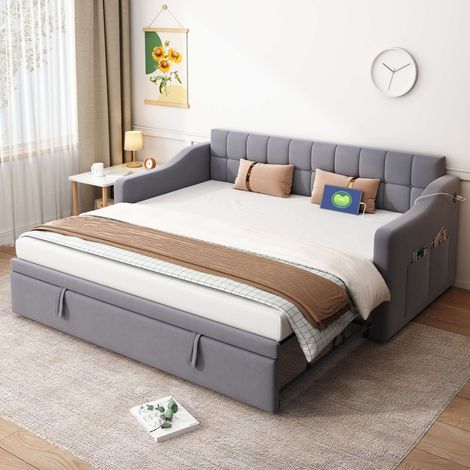 Lit banquette 90x190 cm extensible en lit 180 cm, canapé-lit convertible en velours avec ports USB, sommier à lattes, gris sans matelas (1/5)