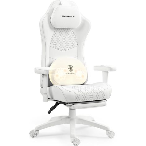 Dowinx Ergonomischer Gaming Stuhl mit Massage & Heizung, Atmungsaktive Federkissen, Verstellbar, Weiß, PC-Bürostuhl