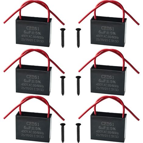 Lot de 6 Condensateurs CBB61 450V 6.0 µF AC 50/60 Hz Climatiseur Ventilateur Moteur Condensateur de Marche Démarrage pour Ventilateur de Plafond, Hotte