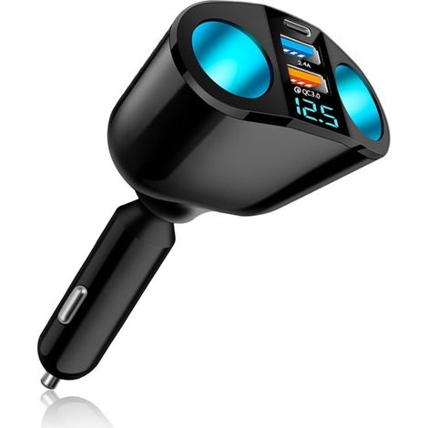 Cargador USB para coche，toma doble de mechero de 12 V，cargador USB 3.0 de carga rápida de 20 W con voltímetro LED，apto para teléfono móvil，GPS (1/2)