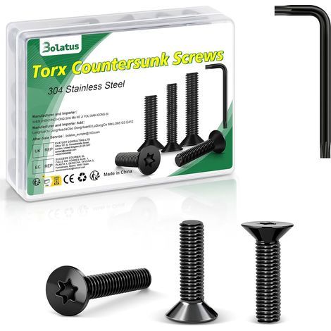 Lot de 50 vis à tête fraisée M3 x 8 mm, noires, en acier inoxydable Bolatus 304, avec clé Torx et boîte conformes à la norme ISO 14581, pour machines et appareils, installations extérieures, meubles (1/5)