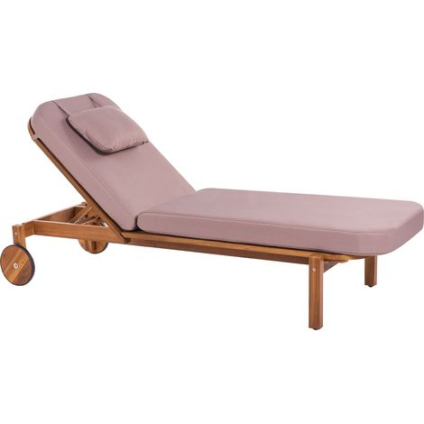 Sun Lounger Brown Taupe Certified Acacia Wood Fabric with Reclining Backrest and Wheels Cushion with Removable Cover LATERZA (1/5)