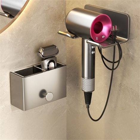 Lot de 2 Étagères de Salle de Bain Murales + Support de Rangement pour Sèche-Cheveux 13×5×8 cm, Installation Facile, Sans Perçage (1/5)
