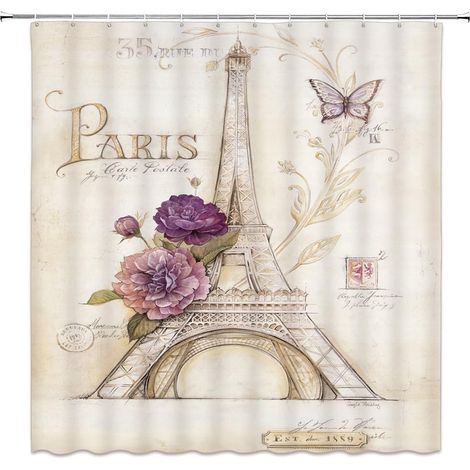 Rideau de douche rétro avec motif papillon et tour Eiffel, crochets inclus (70,8'', 70,8'')