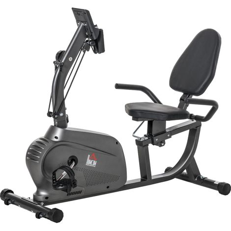 Vélo d'appartement vélo couché semi-allongé magnétique écran LCD multifonction selle réglable 2 bandes résistance acier noir (1/5)