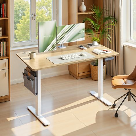 Bureau Réglable en Hauteur, 120 x 60 cm, Fonction Mémoire, Port USB-C, Couleur Chêne Jaune (1/5)
