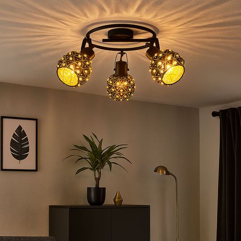 LED Deckenlampe Deckenstrahler Wohnzimmerlampe Kristalloptik bewegliche Spots 3 flammig, Metall schwarz gold, 3 x E27 Filament LED warmweiß, H 29 cm