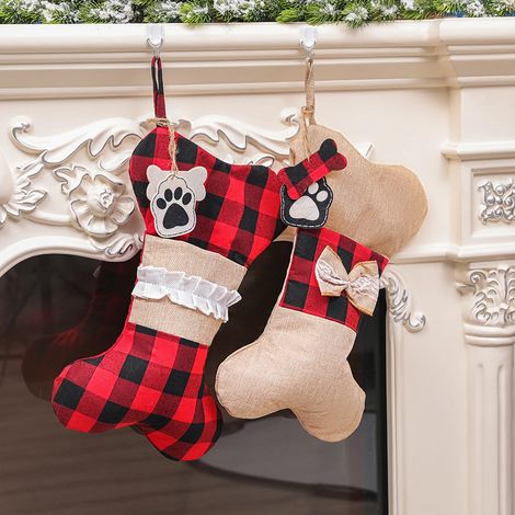 Chaussette de Noël pour animaux de compagnie, 45 cm, chaussette pour chiot à suspendre, décoration de Noël, grand sac de Noël en toile de jute à carreaux (1/3)