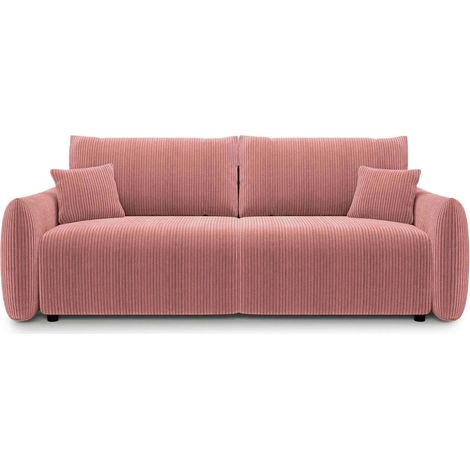 ELIO - Canapé droit convertible velours côtelé 3 places Rose (1/5)