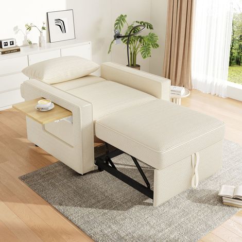 DESMIU Canapé Convertible 1 Place avec Dossier Réglable, Port USB et Type-C, Support Téléphone 360°, avec Tablette et Poches Latérales, en Velours Côtelé, Beige (1/5)