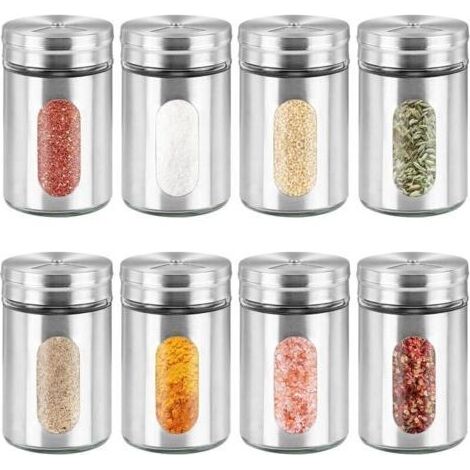 Lntyq 8-teiliges Gewürzgläser-Set mit Drehdeckeln, Edelstahl-Gewürztöpfe mit 3 Lochgrößen für Salz, Pfeffer, Kräuter, Grillgewürze und Küchengewürze, 90 ml (1/4)