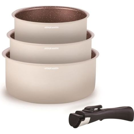 Batterie de cuisine - Tous feux dont induction - ARTHUR MARTIN - AM2655 - Set de 3 casseroles -16-18-20 cm + 1 poignée amovible (1/2)