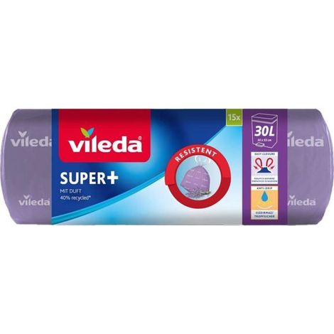 Sac poubelle parfumé - Vileda - Lavande - Violet - 55x55 cm - 15 pièces - 30L - Triple couche - Soudures latérales